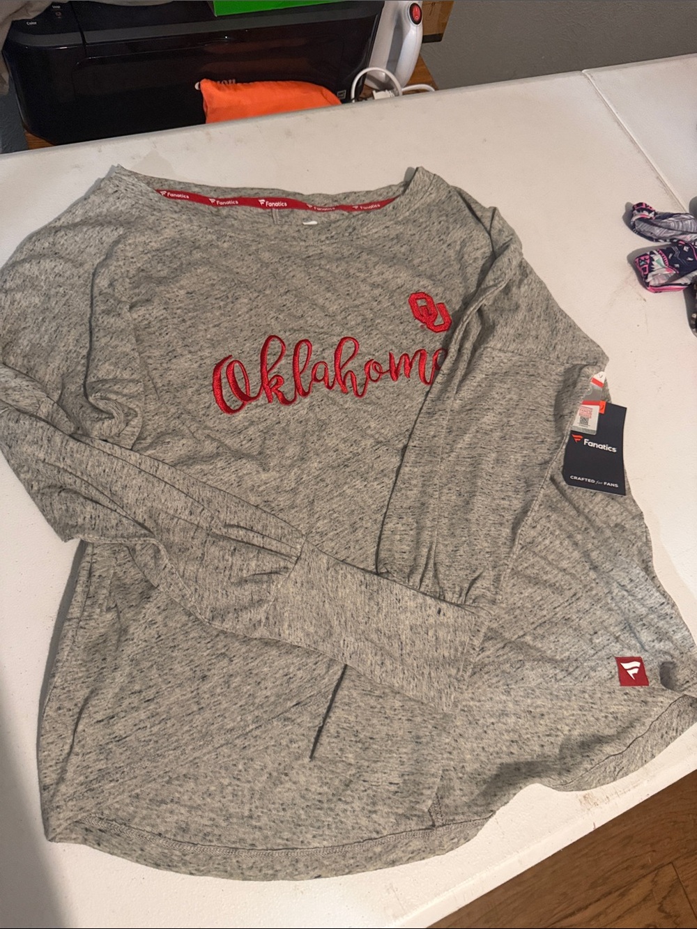 Fanatics Gray Oklahoma Long Sleeve Tee with Red Script